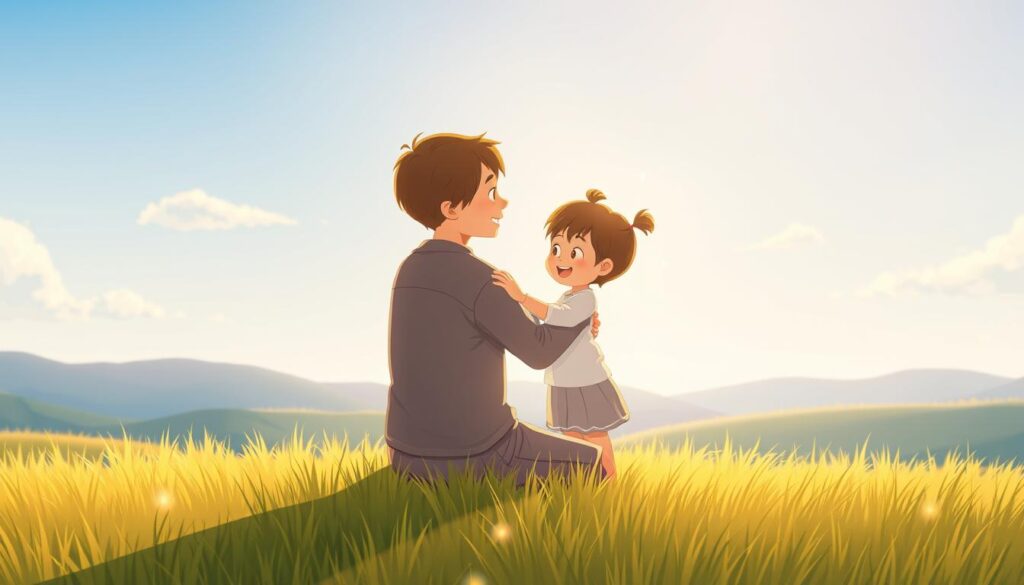 A caring adult embraces a joyful child in a soft meadow, representing reconnection and healing.