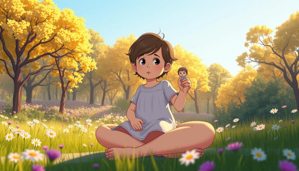 A nurturing adult sits with a small child in a sunlit meadow, symbolising inner-child healing.